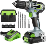 20V Cordless Drill Driver Kit, 2.0 Ah Li-ion Battery, 1 Hour Fast Charger and 11-inch Green Storage Bag Included