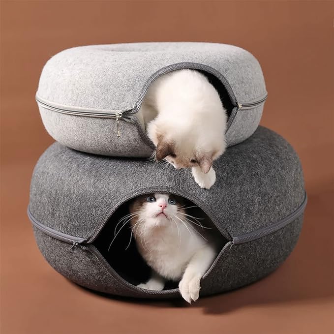 Large Cat Tunnel Bed for Indoor Cats with 3 Toys, Scratch Resistant Donut Cat Bed, for Cats up to 22Lbs