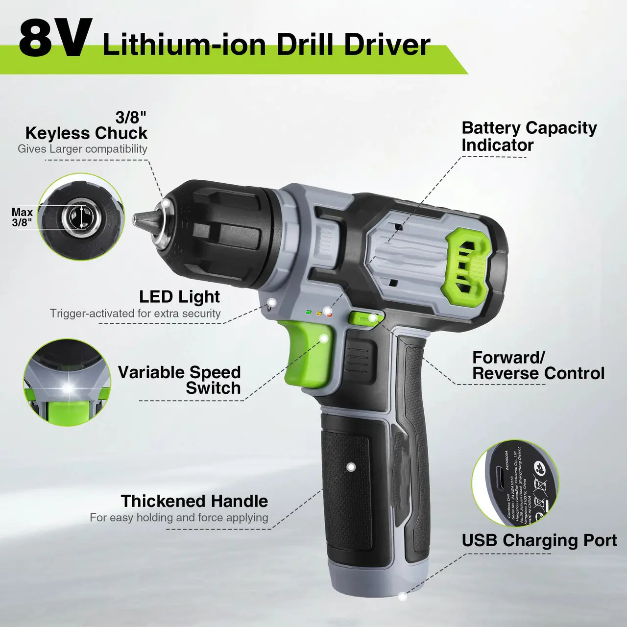8V Cordless Drill Driver Set with 53pcs Bit Set, 2.0Ah Electric Drill Kit with 3/8
