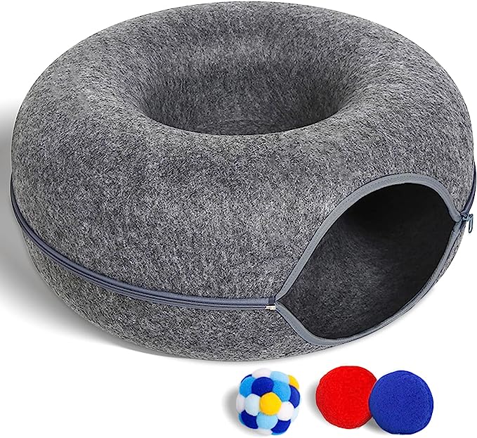 Large Cat Tunnel Bed for Indoor Cats with 3 Toys, Scratch Resistant Donut Cat Bed, for Cats up to 22Lbs