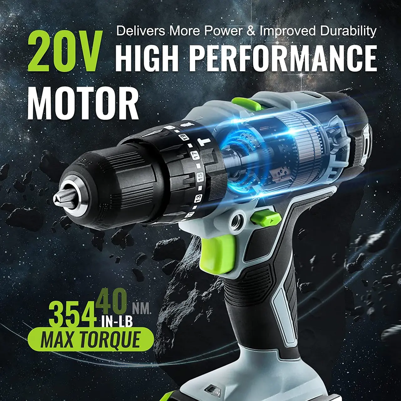 20V Max Cordless Drill Driver Set, Electric Power Impact Drill Tool with 102 Pieces Accessories, 2 x 2.0Ah Li-ion Batteries with Fast Charger