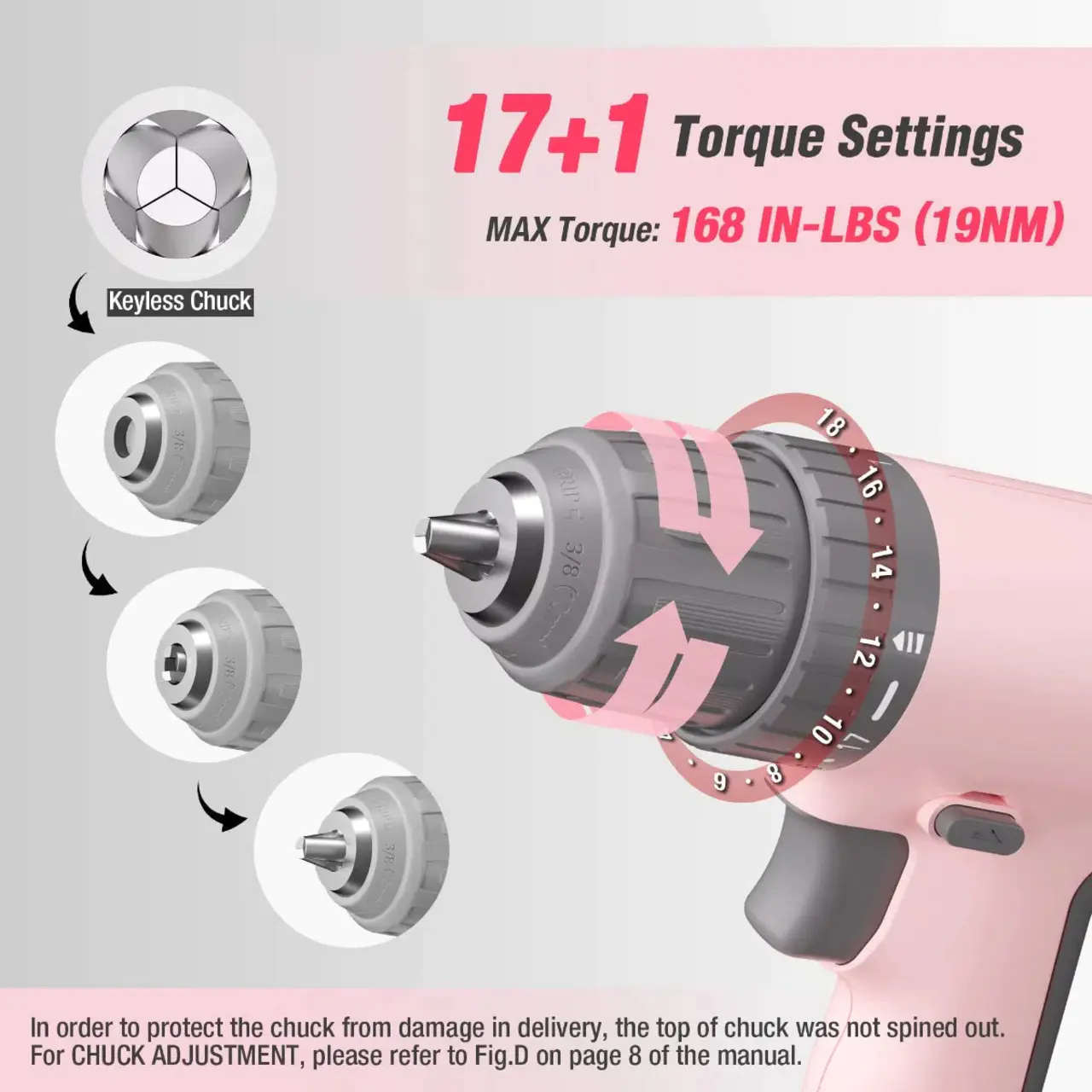 12V Cordless Drill Driver Set with 6 Pcs Bits, 3/8-Inch Keyless Chuck, Variable Speed, 18 Touque Setting - Pink Ribbon