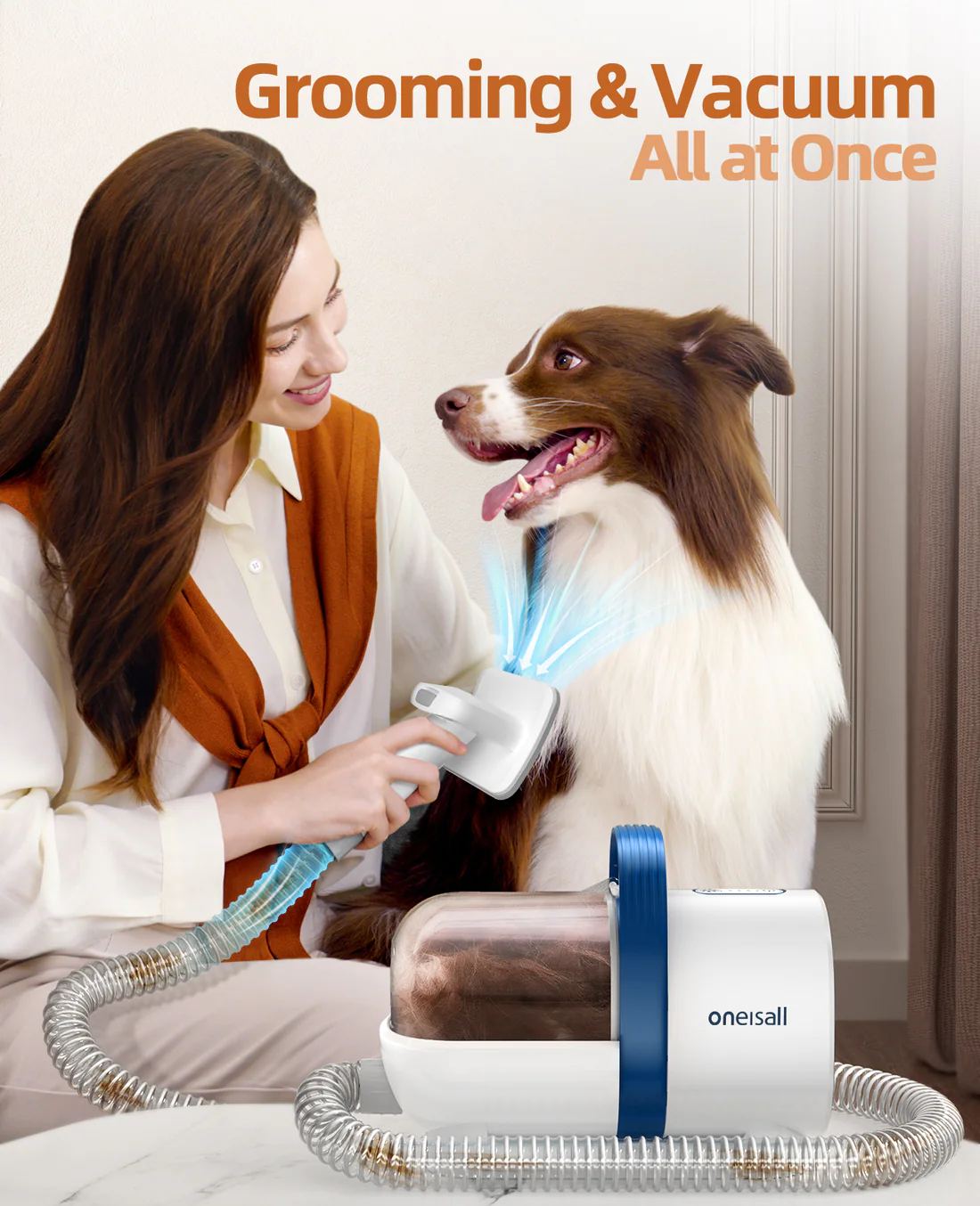 Oneisall Pet Grooming Kit & Vacuum Suction 99% Pet Hair with Pet Grooming Tools for Shedding Thick & Thin Pet Hair - 7 PCS