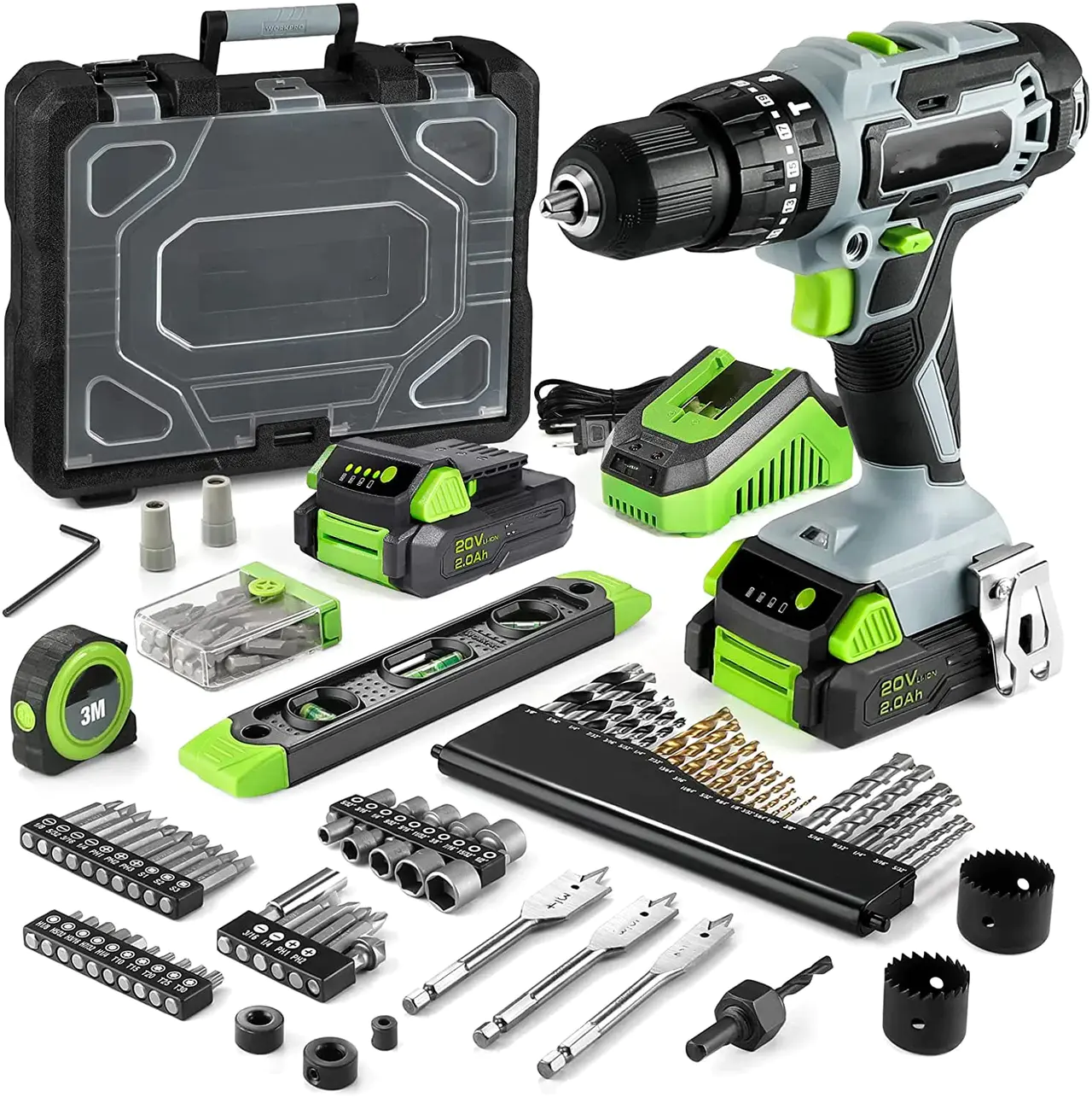 20V Max Cordless Drill Driver Set, Electric Power Impact Drill Tool with 102 Pieces Accessories, 2 x 2.0Ah Li-ion Batteries with Fast Charger