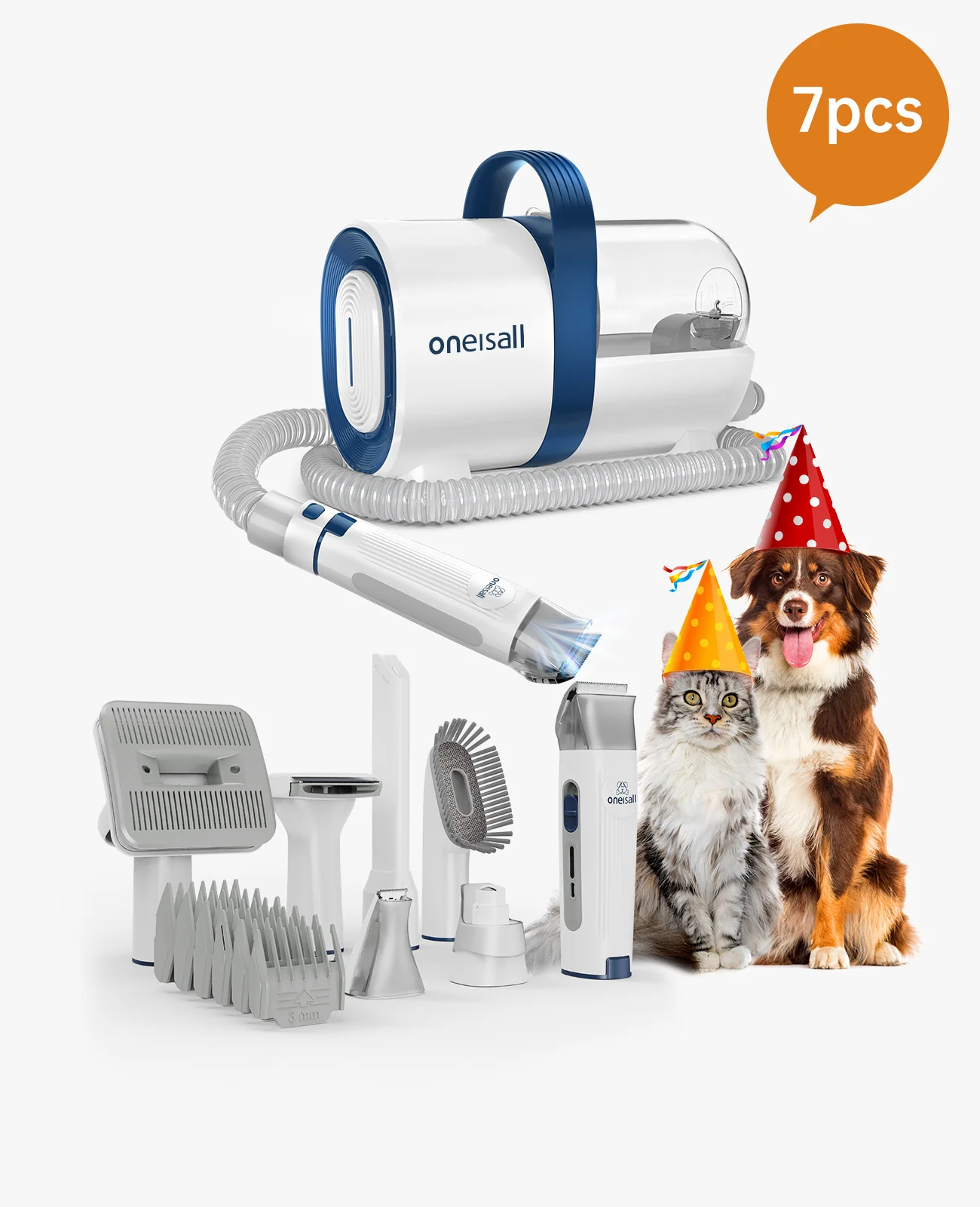 Oneisall Pet Grooming Kit & Vacuum Suction 99% Pet Hair with Pet Grooming Tools for Shedding Thick & Thin Pet Hair - 7 PCS