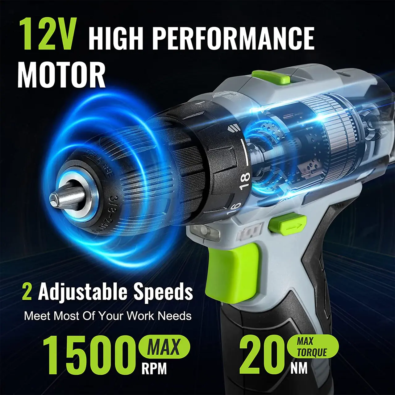 12V Electric Cordless Drill Driver Kit 3/8