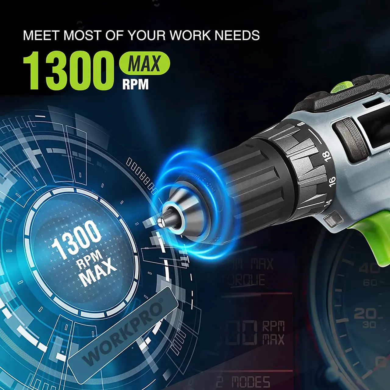 20V Cordless Drill Driver Kit, 2.0 Ah Li-ion Battery, 1 Hour Fast Charger and 11-inch Green Storage Bag Included