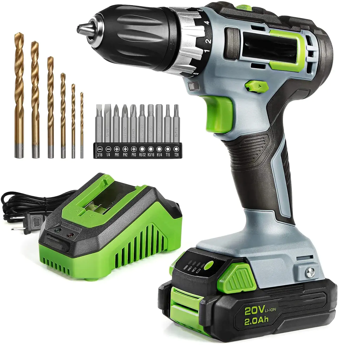 20V Variable Speed Cordless Drill/Driver Kit 3/8”, 18+2 Torque Setting 2.0 Ah Li-ion Battery and 1 Hour Fast Charger