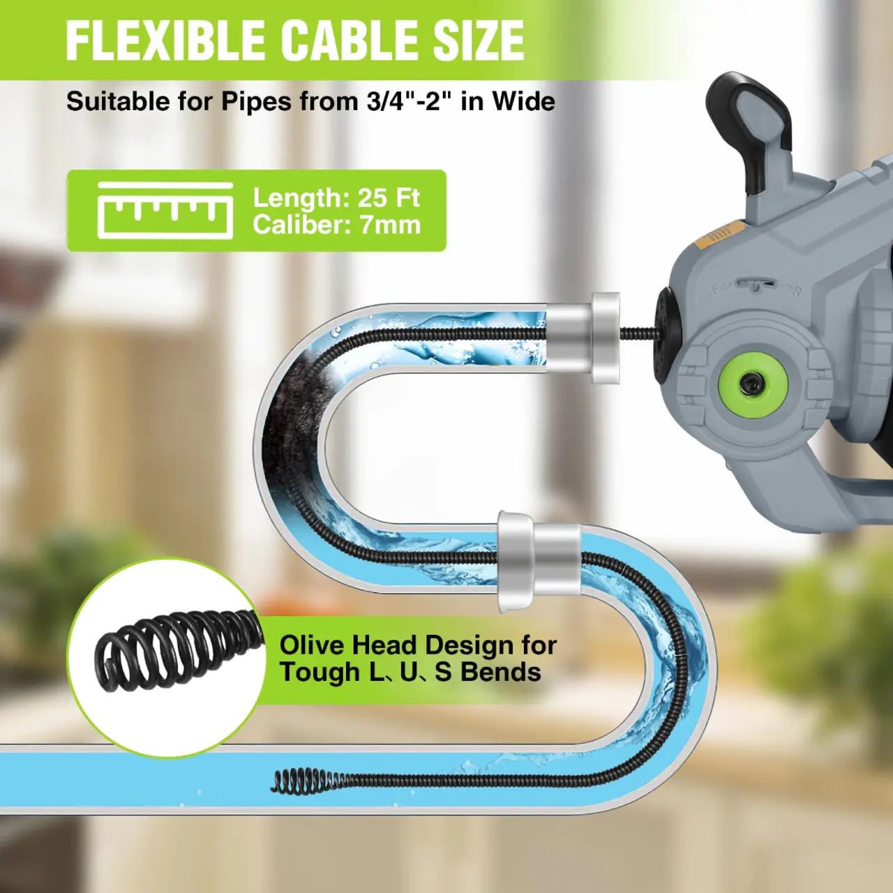 20V Electric Drain Auger with 2.0AH Battery and Charger - 25Ft Plumbing Snake Drain Hair Removal Tool Set