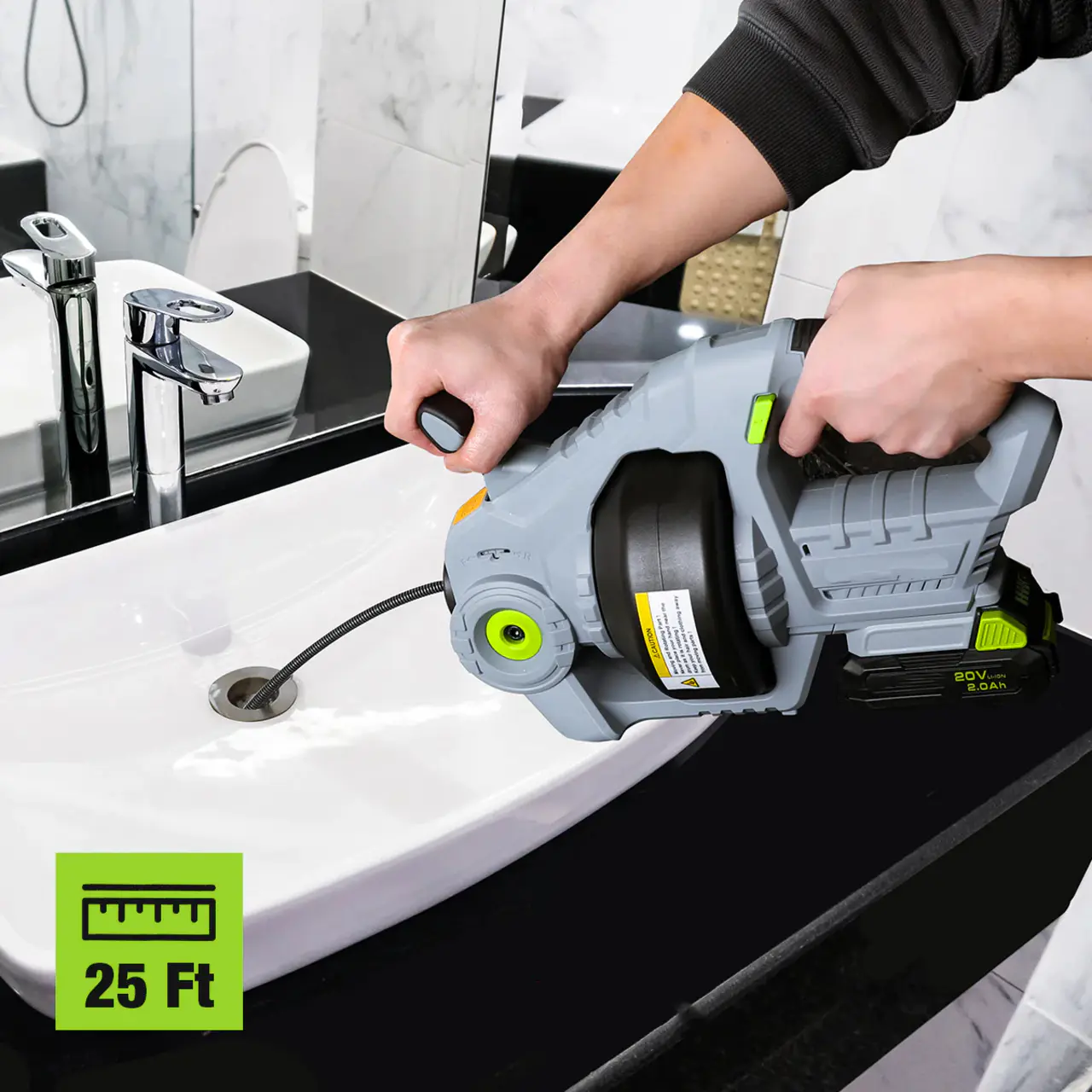 20V Electric Drain Auger with 2.0AH Battery and Charger - 25Ft Plumbing Snake Drain Hair Removal Tool Set