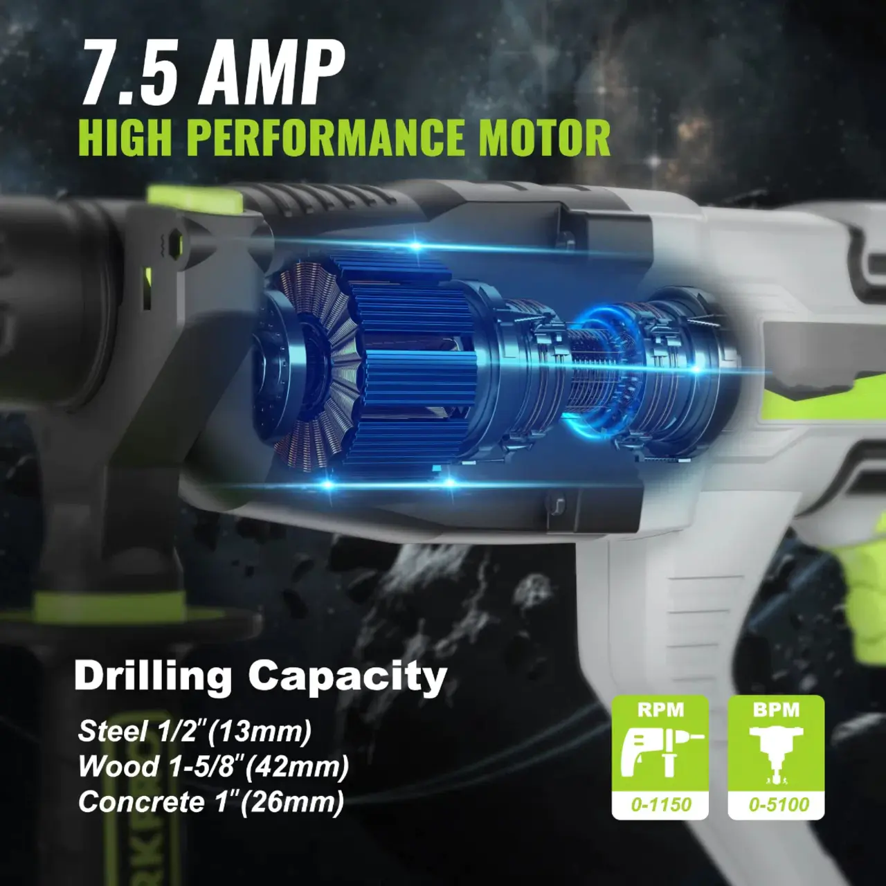 7.5AMP 1-1/4 Inch Premium SDS-Plus Rotary Hammer Drill, Lightweight Corded Version