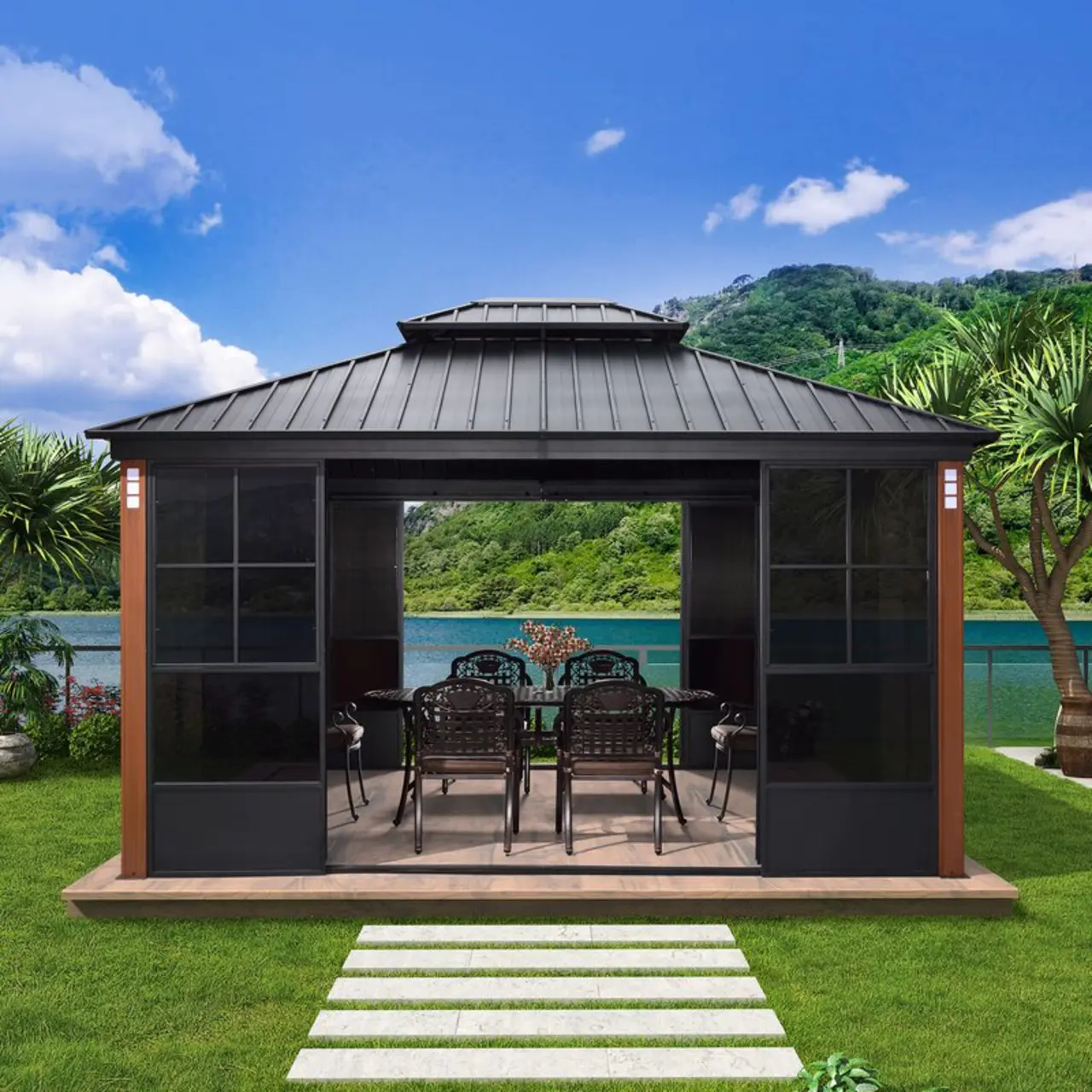 Double Layer 14ft Wide x 12ft Deep Metal Patio Gazebo