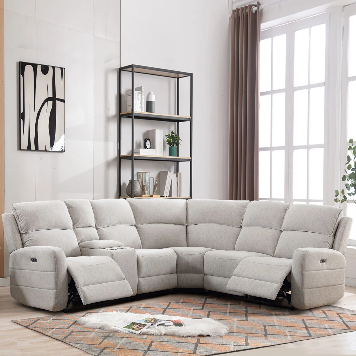Ibach 3 - Piece Modern and Overstuffed Soft Power Reclining Sectional with Cupholders and Storage