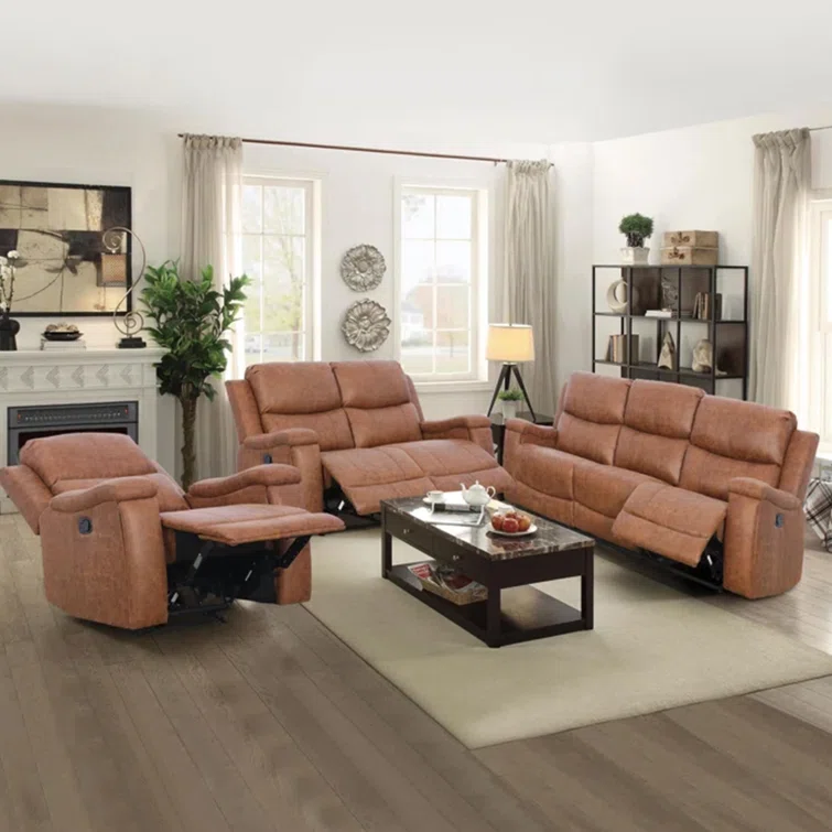 Ilkeston 3-Piece Vegan Leather Manual Reclining Living Room Set with Hidden Cupholder